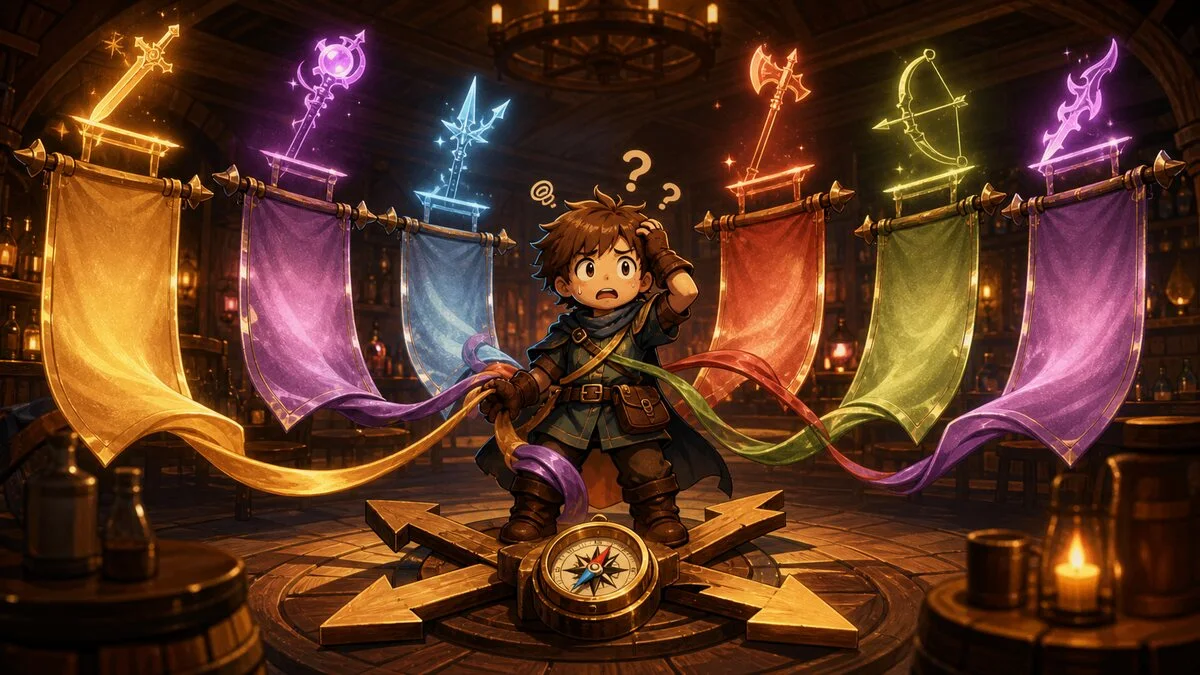 A confused adventurer pulled between glowing fantasy banners for the Banner Drifter result.