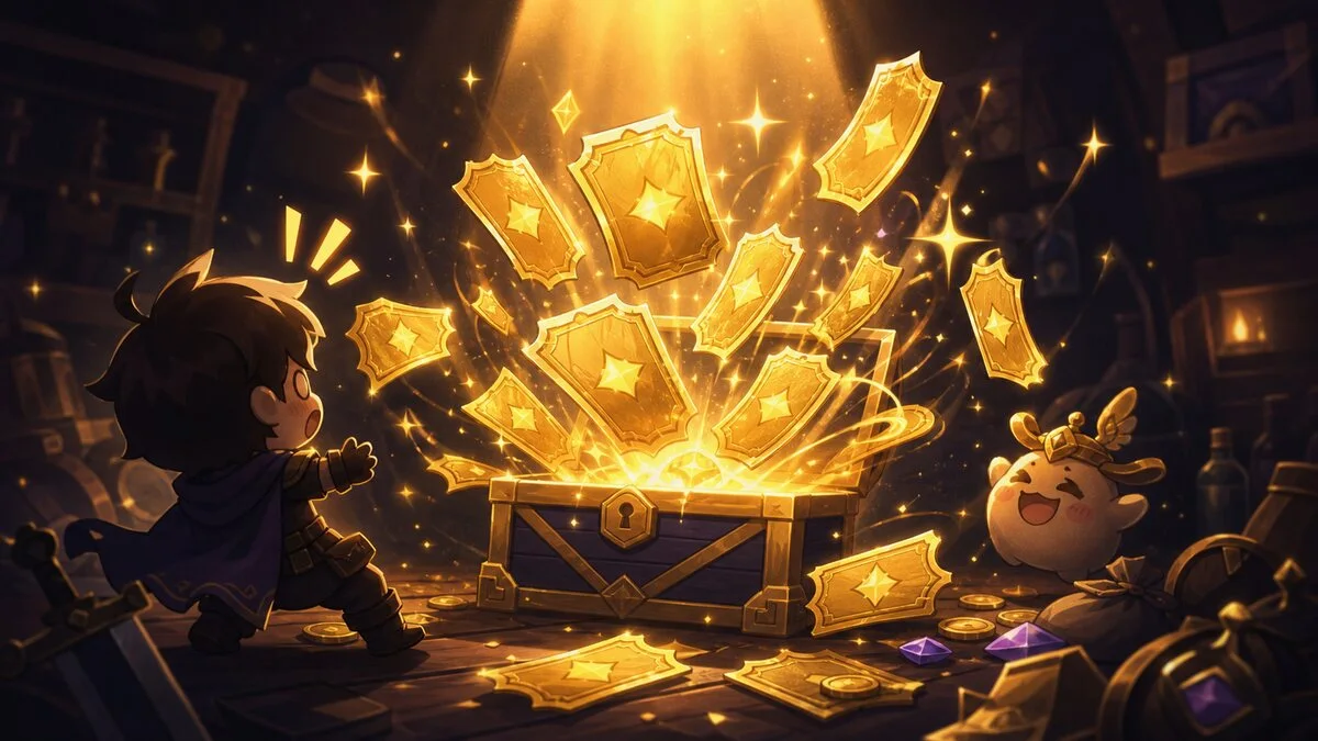 A glowing fantasy gacha treasure chest for the Gacha Gods' Favorite result.