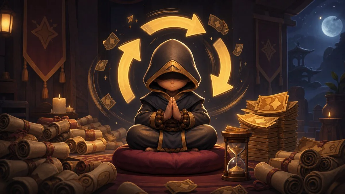 A focused reroll planner with reset arrows and summon tickets for the Reroll Monk result.