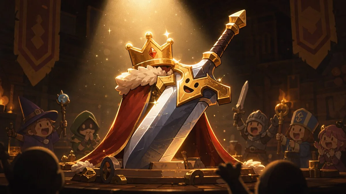 An oversized fantasy weapon carrying the whole party for the One-Weapon Hero result.