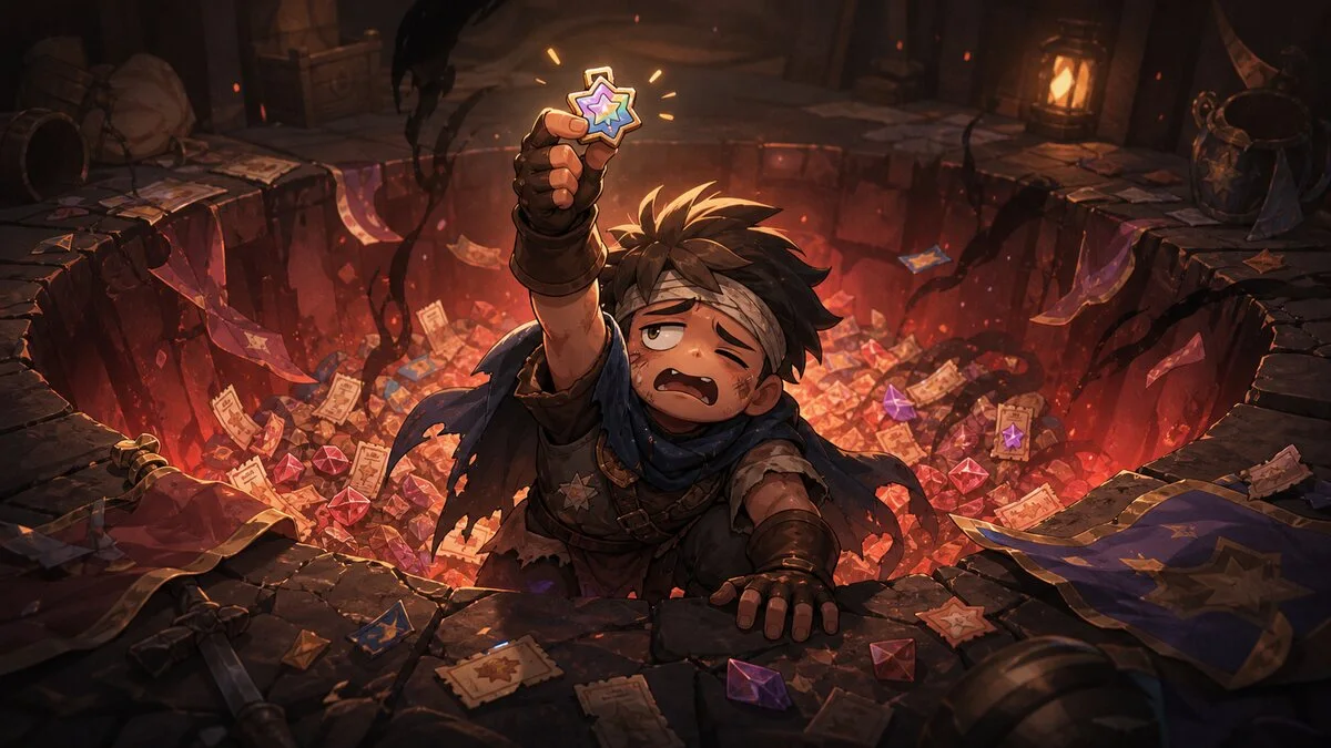 A tired adventurer escaping a pit of summon tickets for the Deep-Pull Survivor result.