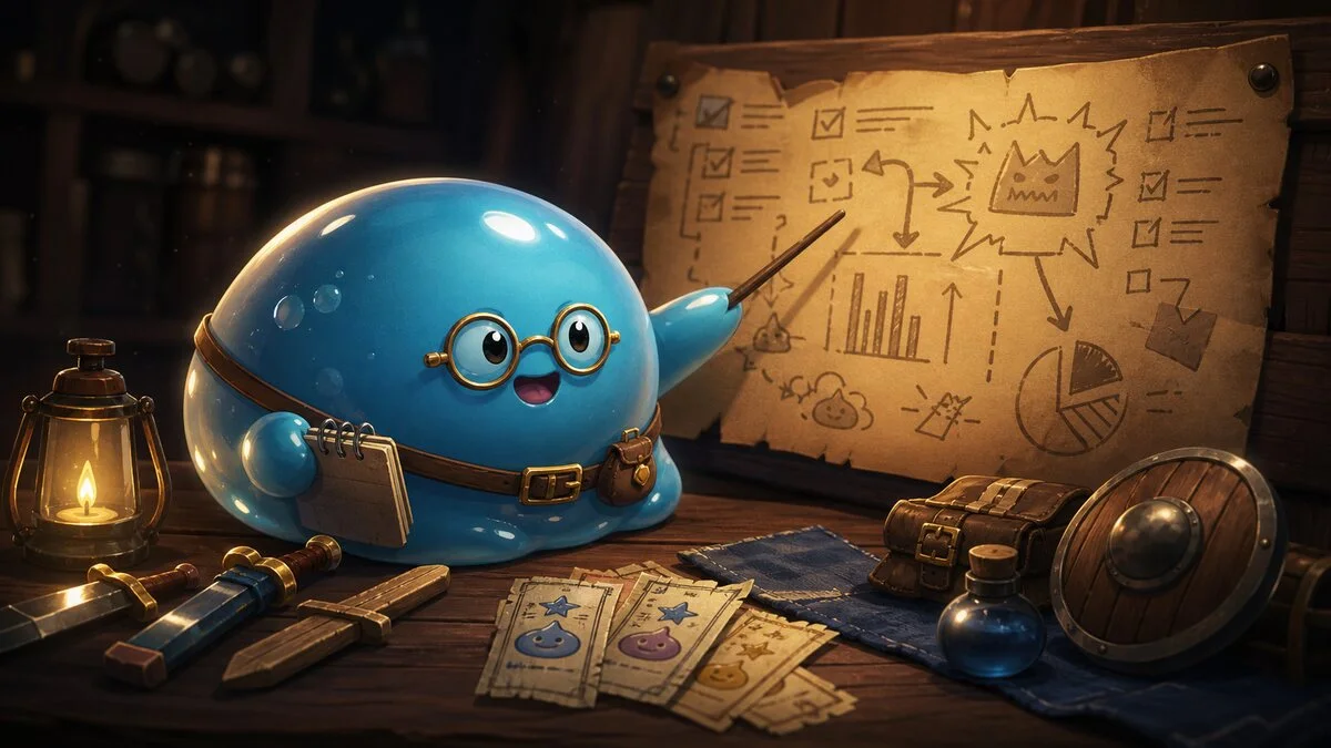 A tiny organized fantasy underdog studying a battle plan for the Slime With A Plan result.